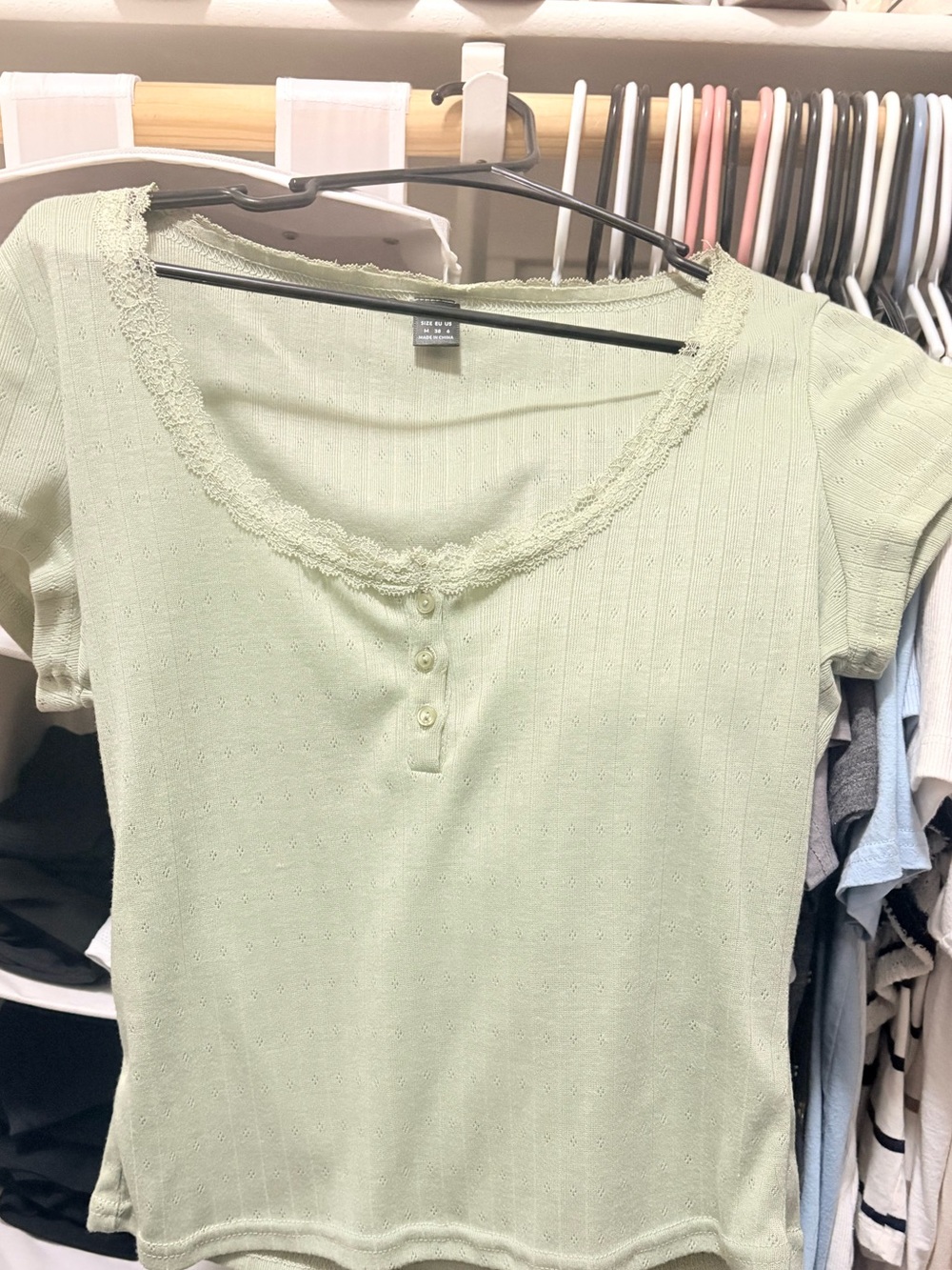 SHEIN Light Green Lace-Trim Scoop Neck Short Sleeve Top